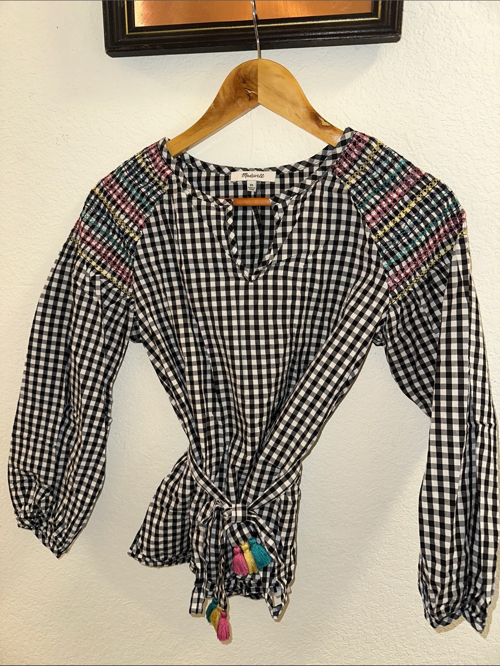 Madewell Black Gingham Tie-Waist Blouse with Multicolor Embroidery